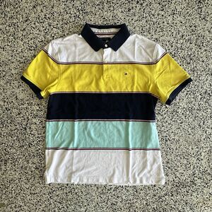 Tommy Hilfiger Polo Shirt Men's XL Colorblock Striped Logo Embroidery Yellow